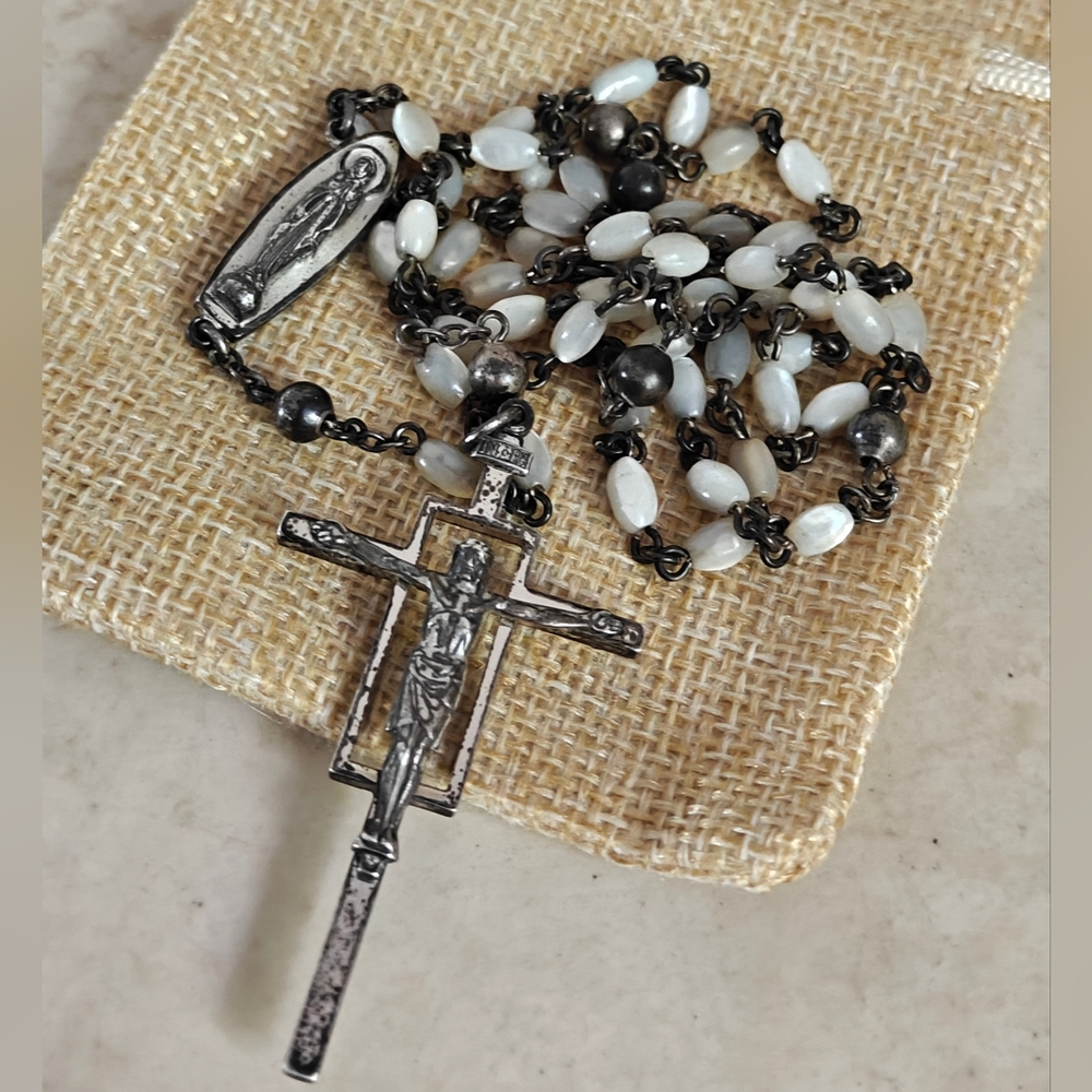 Vintage Creed Sterling Silver and Mother Of Pearl Rosary